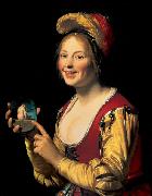 Gerard van Honthorst, Smiling Girl, a Courtesan, Holding an Obscene